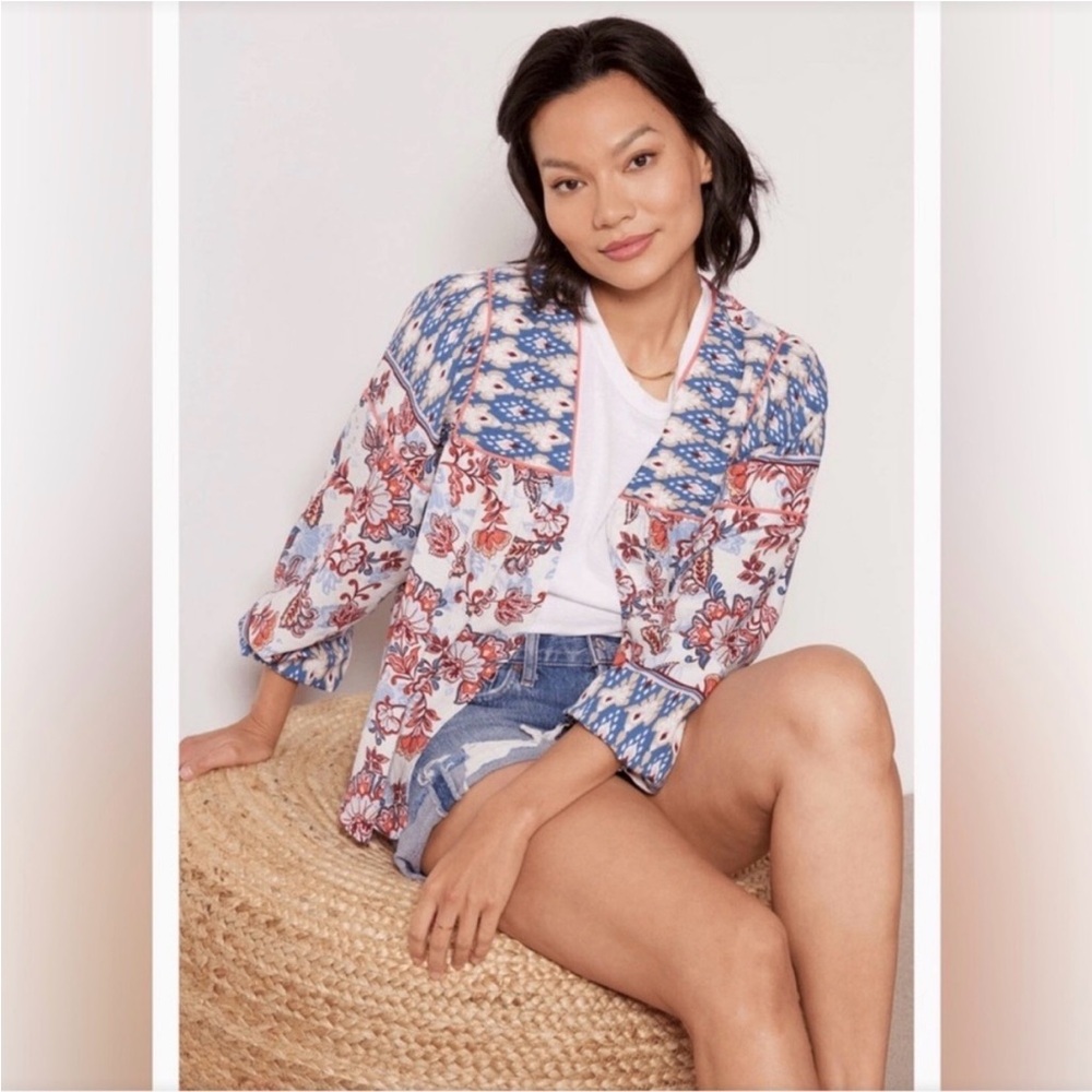 Evereve Penny Floral Kimono Linen Open Blouse Red Blue Women Small Extra Small - Picture 11 of 12